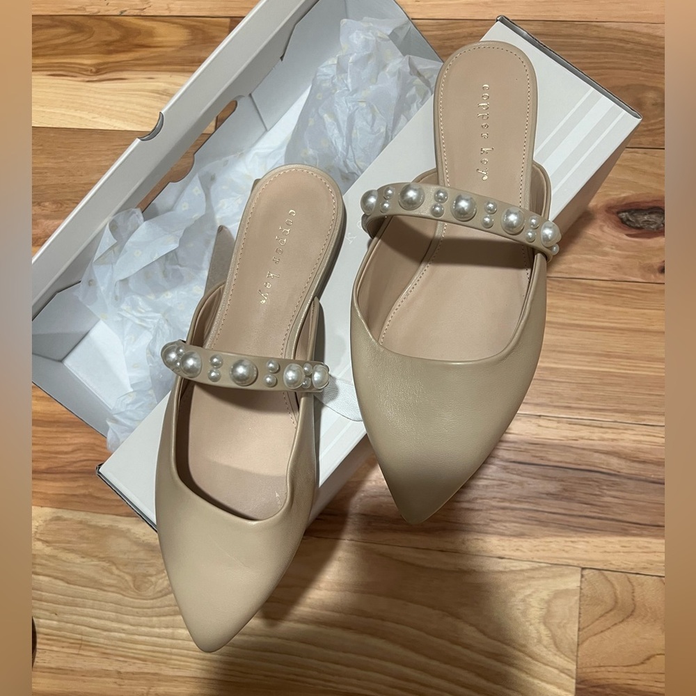 Copper Key Pearl-Accent Pointed Toe Mules - Beige